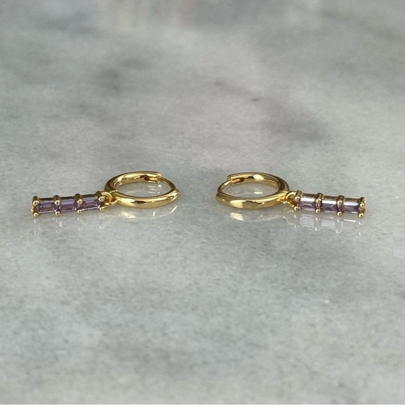 Gold Purple Crystal Dangle Princess Huggie Hoop Earrings Brand New